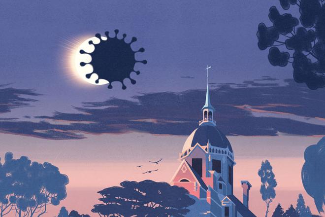 约翰霍普金斯大学圆顶的图像，冠状病毒使月球黯然失色