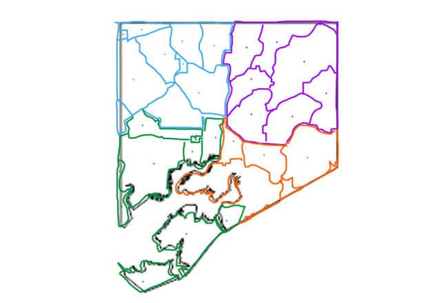 巴尔的摩市的地图，分为四个独立的区域，左上角是象限一, 右上方是象限二, 右下方是象限三, 左下方是象限四