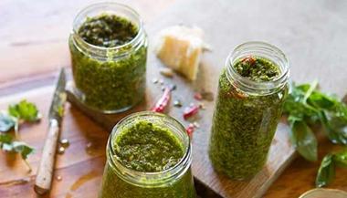 Jars of broccoli pesto sauce